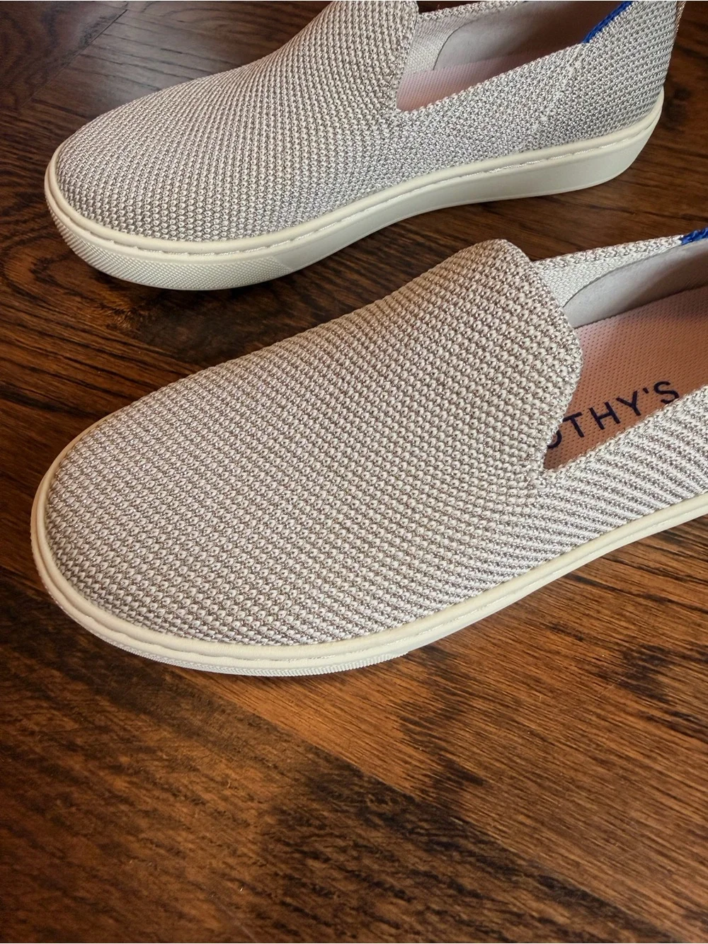Rothy's Kids Slip-On Knit Sneakers in Light Gold with Blue Trim